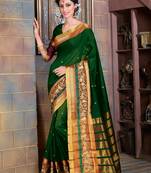 Green  hand woven cotton silk saree with blouse