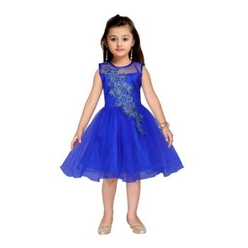 Blue embroidered net kids frocks 1