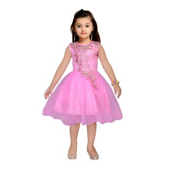 Pink embroidered net kids frocks 4