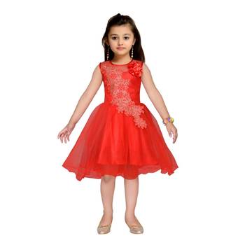 Red embroidered net kids frocks 4