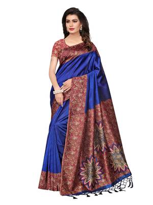 Blue Printed Kalamkari Sarees With Blouse 1