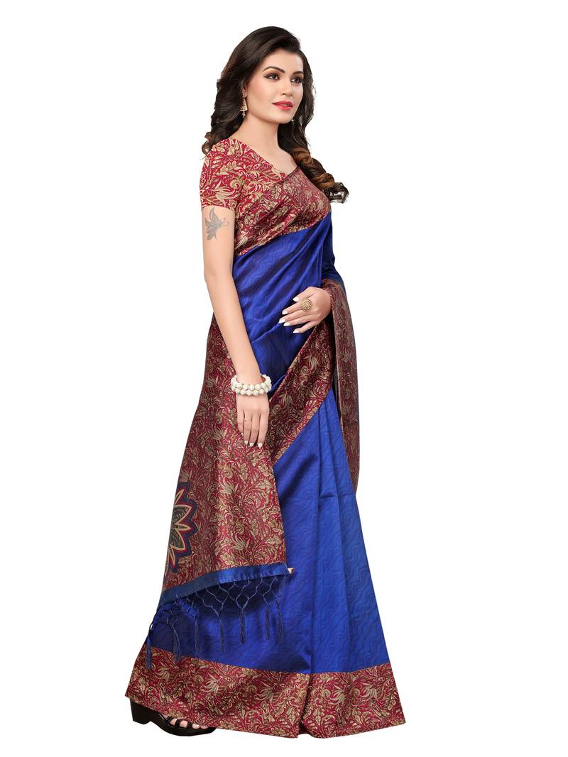 Blue Printed Kalamkari Sarees With Blouse