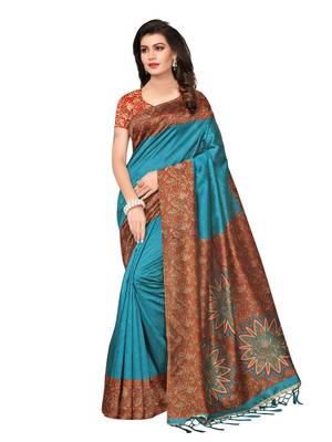 Turquoise Printed Kalamkari Sarees With Blouse 1