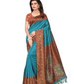 Turquoise Printed Kalamkari Sarees With Blouse