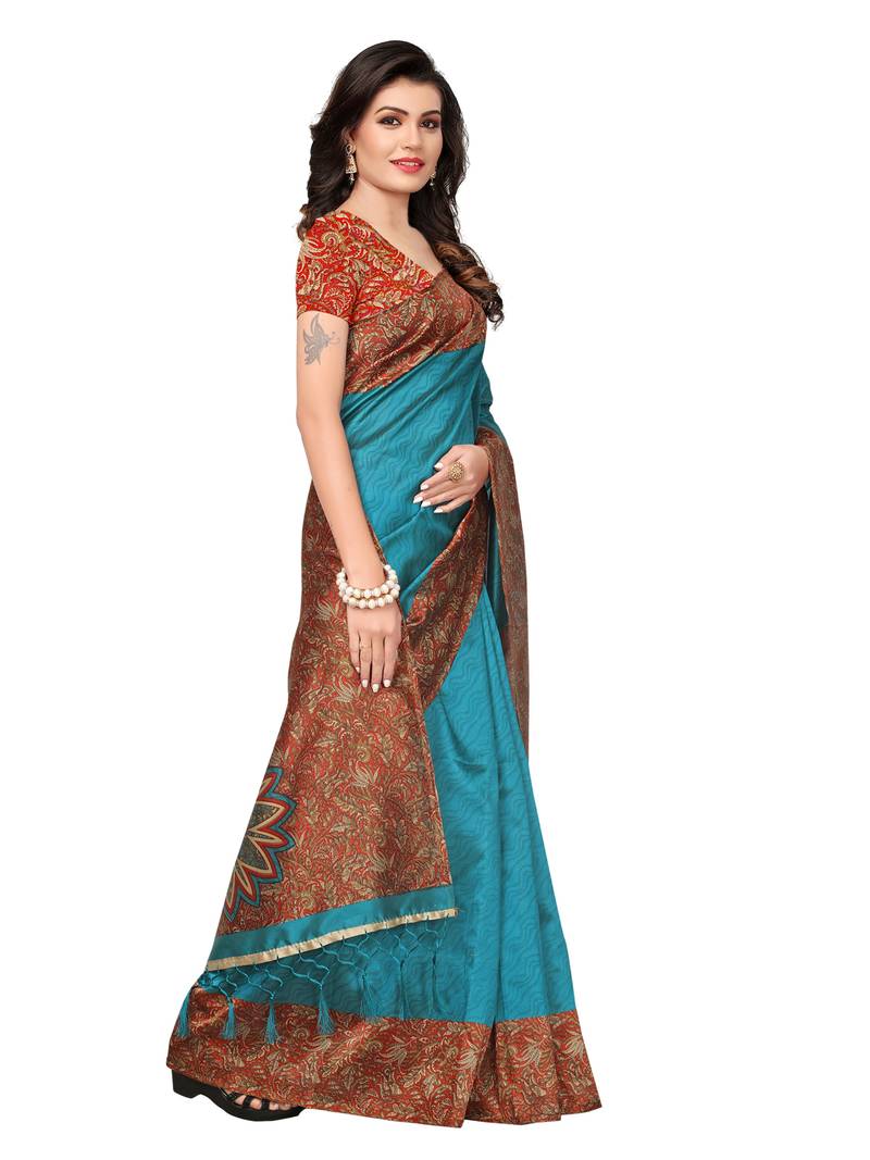 Turquoise Printed Kalamkari Sarees With Blouse