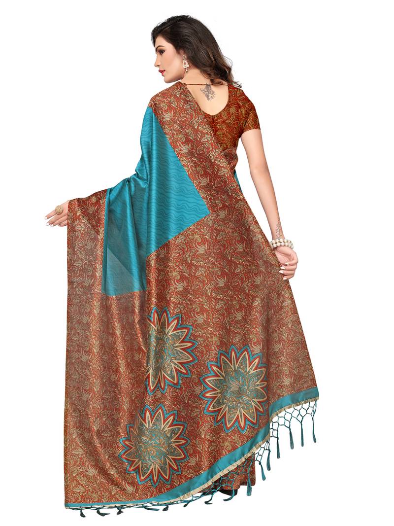 Turquoise Printed Kalamkari Sarees With Blouse