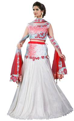 White Embroidered Net Semi Stitched Lehenga 1
