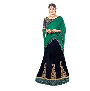 Dark Blue Embroidered Velvet Semi Stitched Lehenga 1