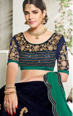 Dark Blue Embroidered Velvet Semi Stitched Lehenga 3