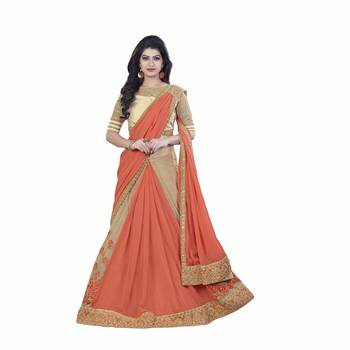 Peach Embroidered Chiffon Semi Stitched Lehenga 1