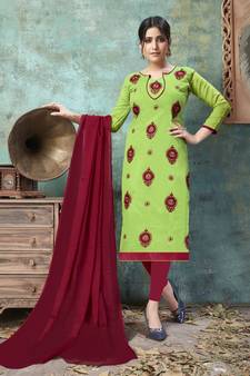 Green Embroidered Chanderi Salwar With Dupatta