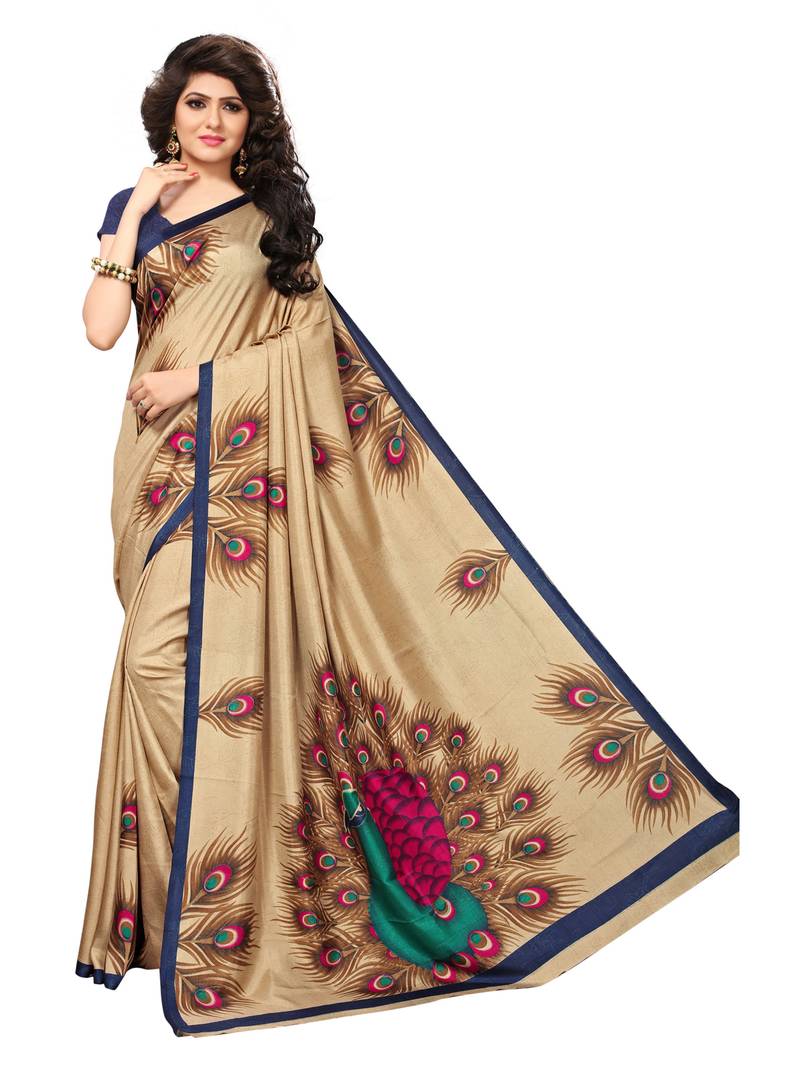 Beige Printed Art Silk Sarees With Blouse
