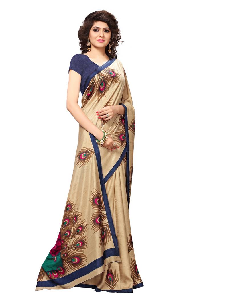 Beige Printed Art Silk Sarees With Blouse