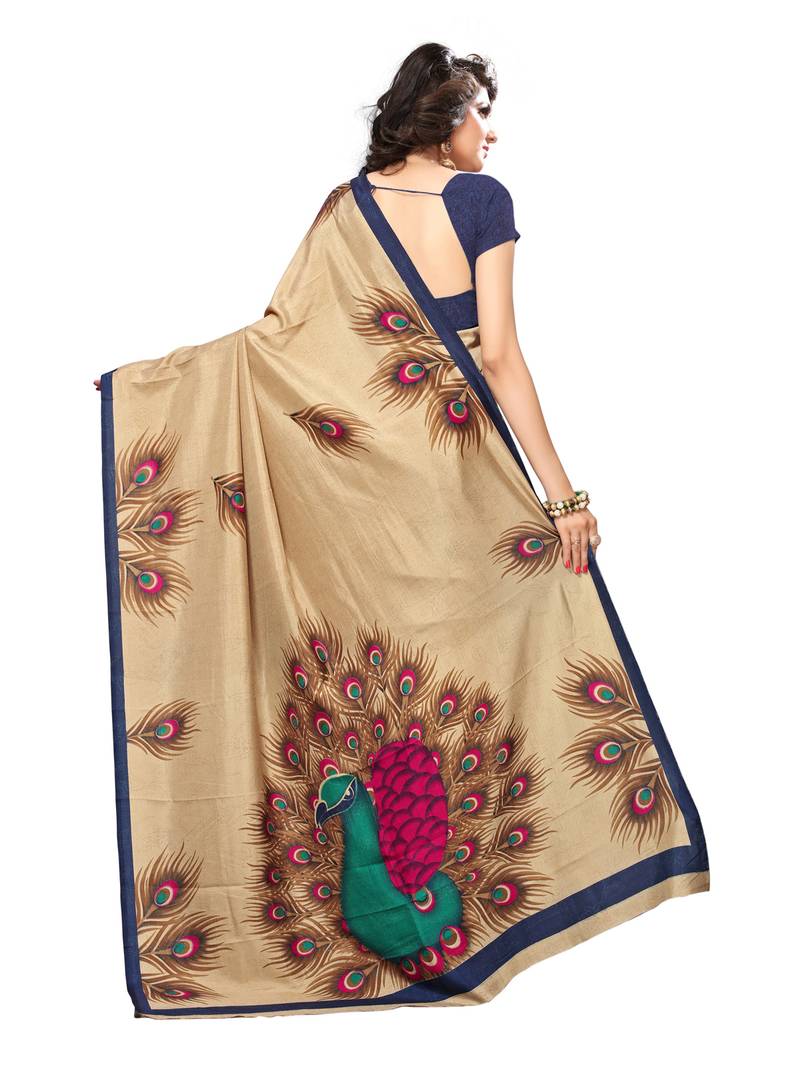 Beige Printed Art Silk Sarees With Blouse