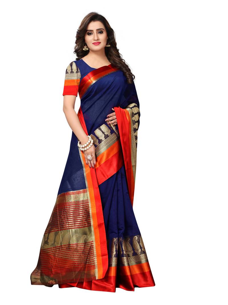 Navyblue Woven Chanderi Sarees With Blouse