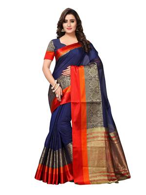 NavyBlue Woven Chanderi Sarees With Blouse 1