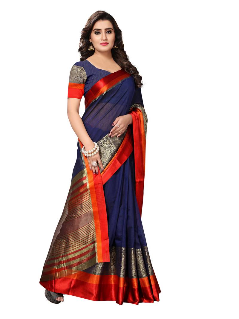 NavyBlue Woven Chanderi Sarees With Blouse