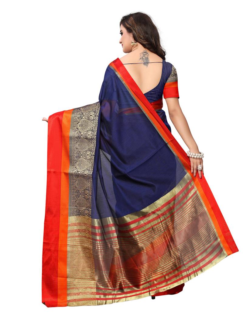 NavyBlue Woven Chanderi Sarees With Blouse