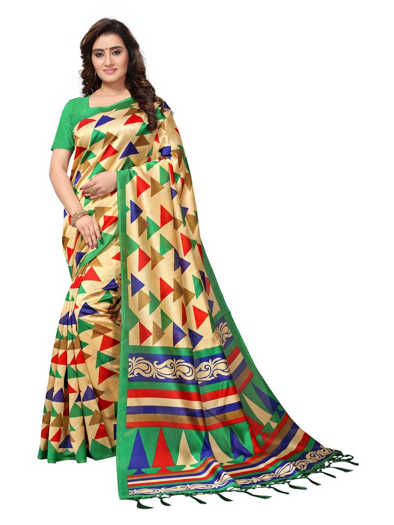 Beige Printed Art Silk Sarees With Blouse
