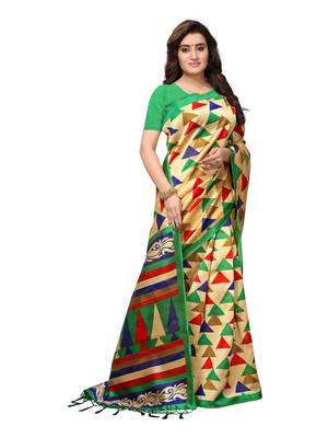 Beige Printed Art Silk Sarees With Blouse 2