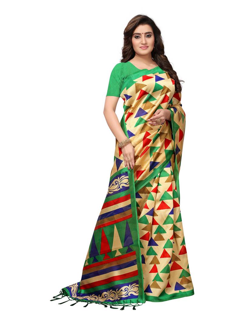 Beige Printed Art Silk Sarees With Blouse