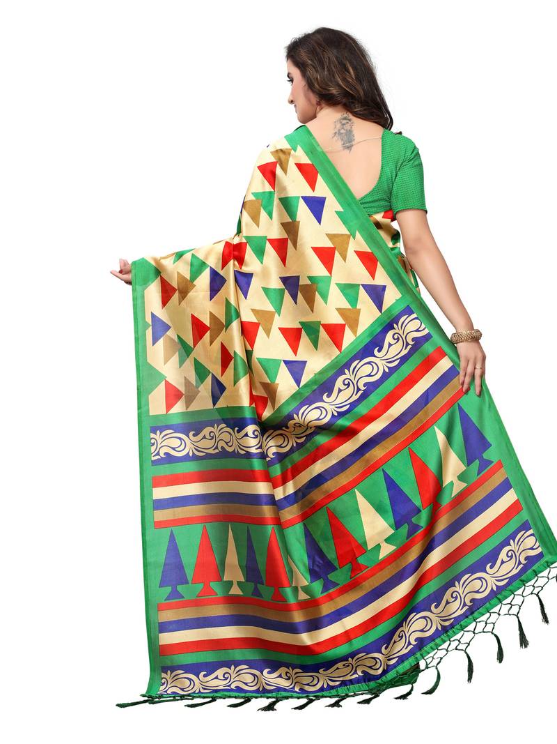 Beige Printed Art Silk Sarees With Blouse