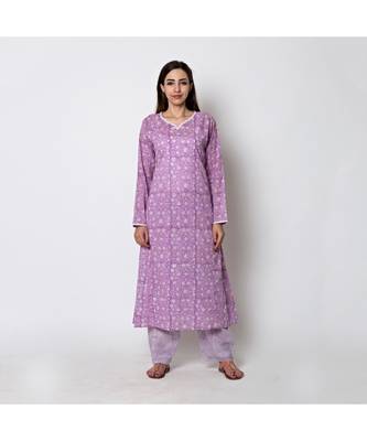 Purple foliage printed long Kurta combined with striped Parallel (set of 2) 1