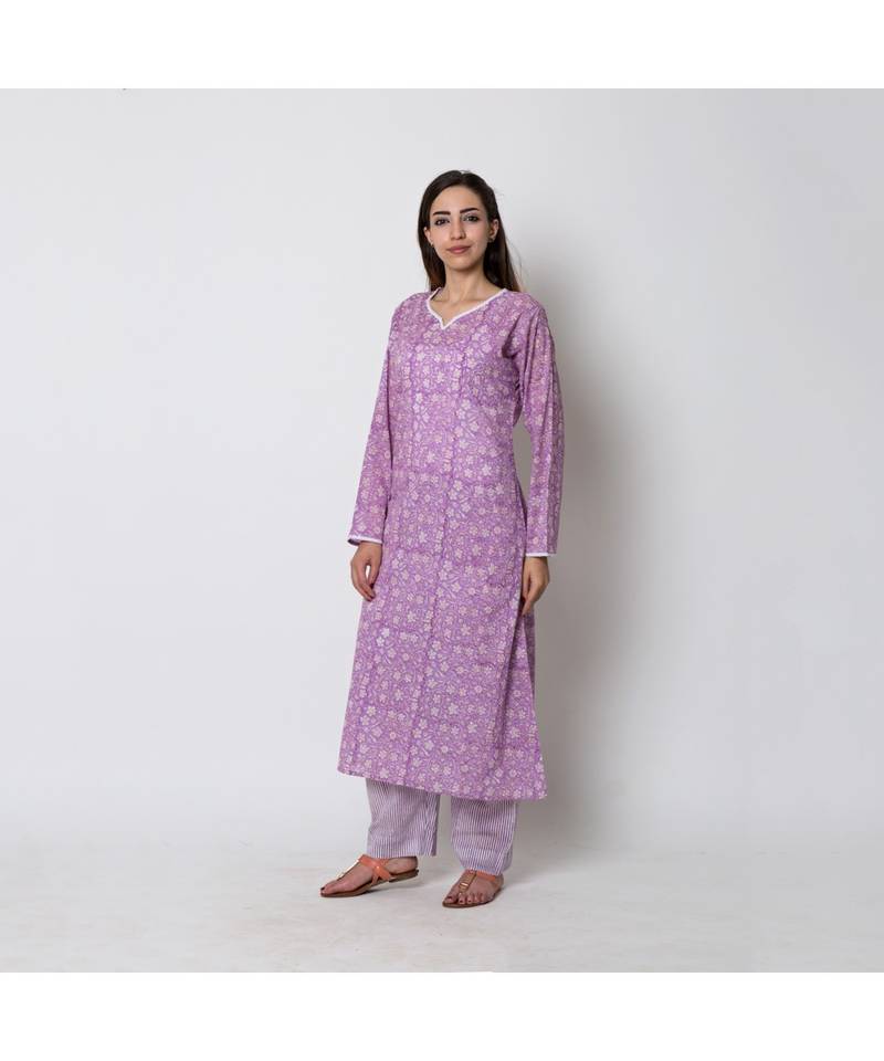 Purple foliage printed long Kurta combined with striped Parallel (set of 2)