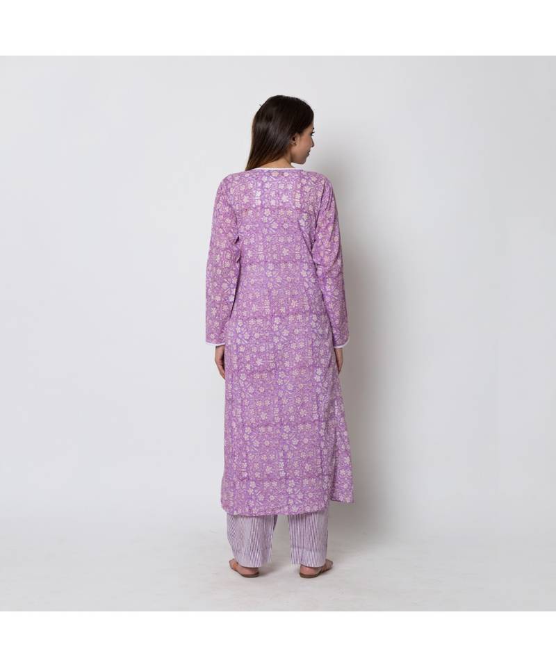 Purple foliage printed long Kurta combined with striped Parallel (set of 2)