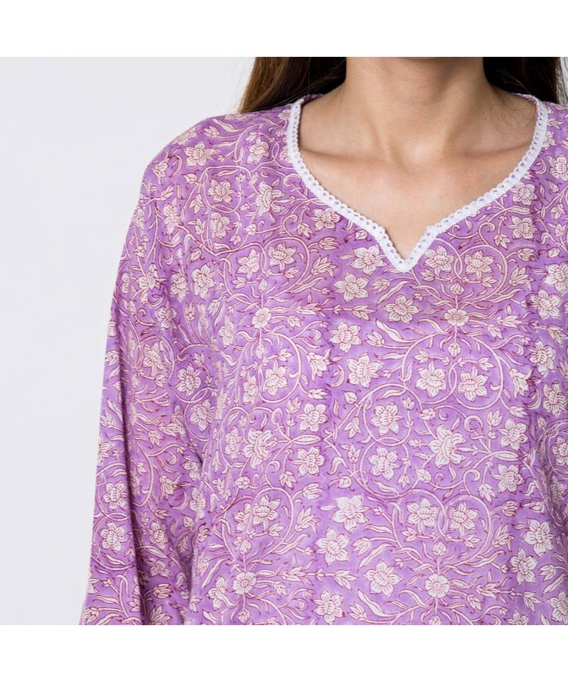 Purple foliage printed long Kurta combined with striped Parallel (set of 2)