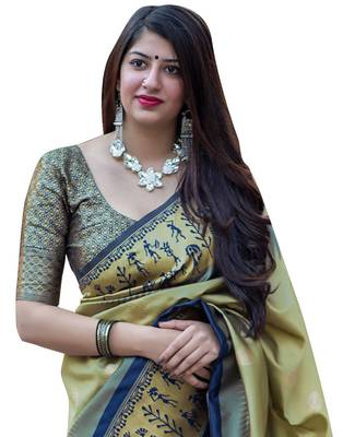 Green woven silk blend saree with blouse 2