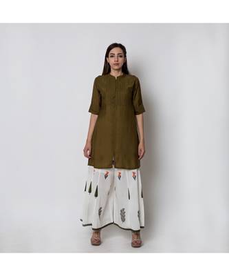 Green Shirt Kurta with Mughal Garden printed Pallazo Pants 1