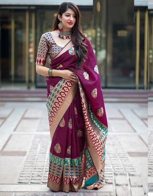 Wine woven silk blend saree with blouse 1