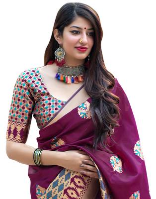 Wine woven silk blend saree with blouse 2