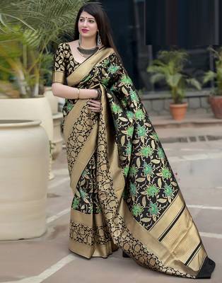 Black woven silk blend saree with blouse 1