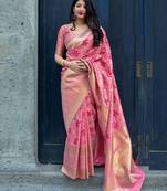 Pink woven silk blend saree with blouse