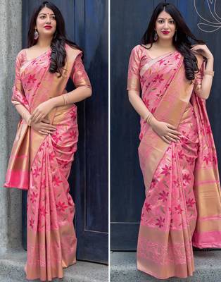 Pink woven silk blend saree with blouse 2