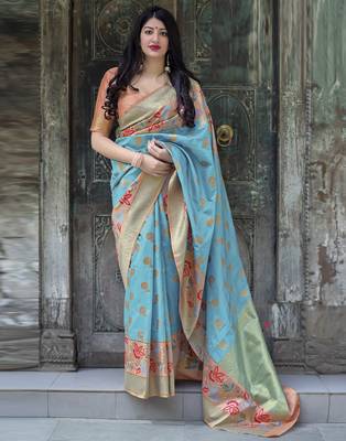 Sky blue woven silk blend saree with blouse 1