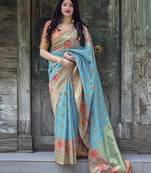 Sky blue woven silk blend saree with blouse