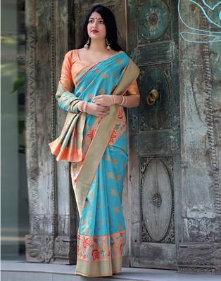Sky blue woven silk blend saree with blouse 2