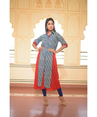 Beehive' printed Indigo Shirt Kurta with Red Inner 1