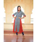 Beehive' printed Indigo Shirt Kurta with Red Inner