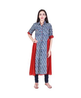 Beehive' printed Indigo Shirt Kurta with Red Inner 2
