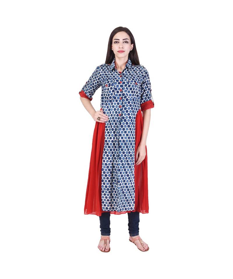 Beehive' printed Indigo Shirt Kurta with Red Inner