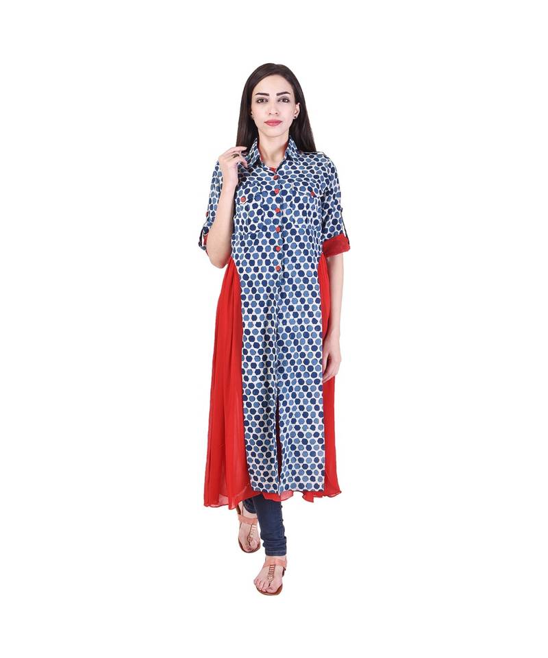 Beehive' printed Indigo Shirt Kurta with Red Inner