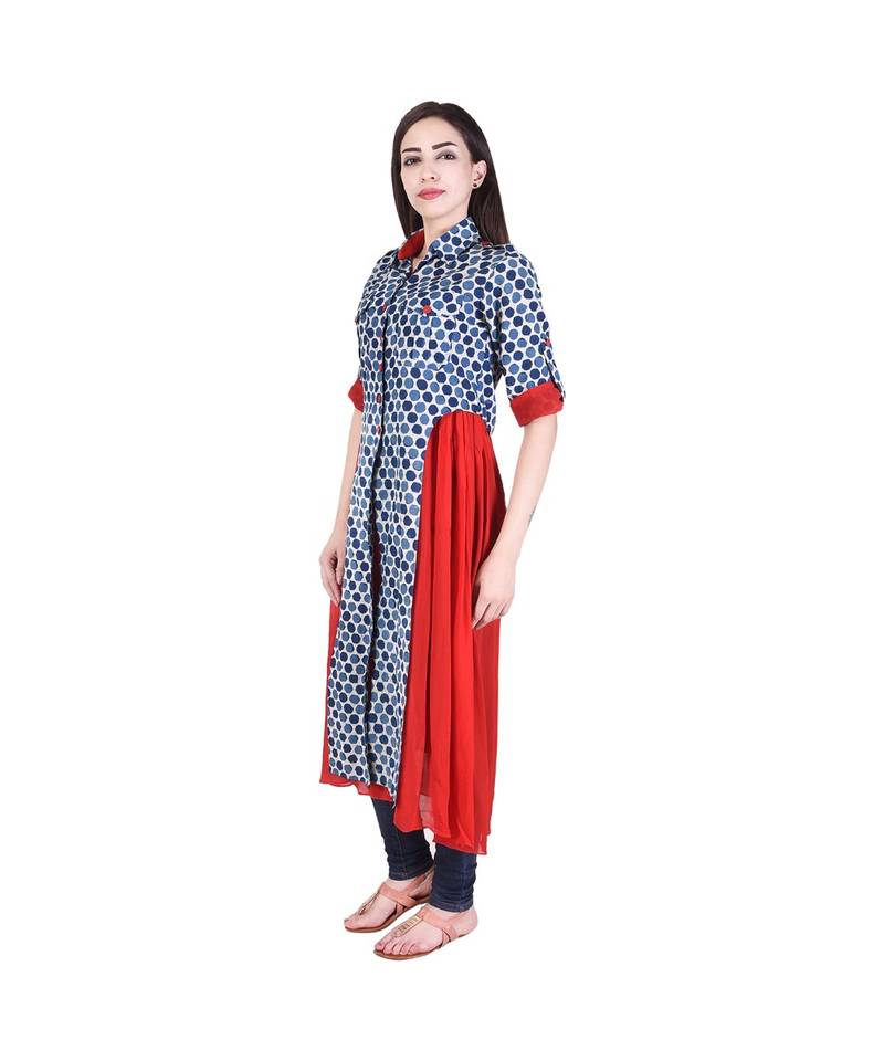 Beehive' printed Indigo Shirt Kurta with Red Inner