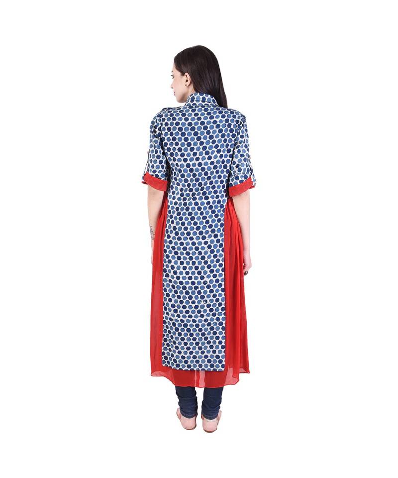 Beehive' printed Indigo Shirt Kurta with Red Inner