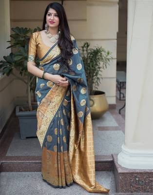 Grey woven silk blend saree with blouse 1