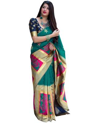 Green woven silk blend saree with blouse 2