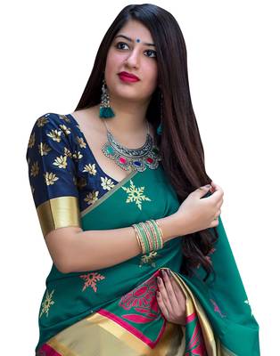 Green woven silk blend saree with blouse 3